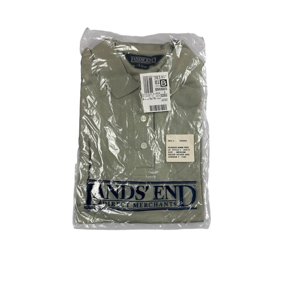 LANDS END Polo Shirt Women M Silver Sage Short Sleeve Banded Interlock 36619 NEW